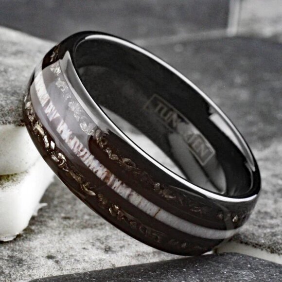 COOL POLISHED BLACK LOW DOME TUNGSTEN RING WITH WHITE SPECKLED ANTLER, BLACK - Picture 4 of 4